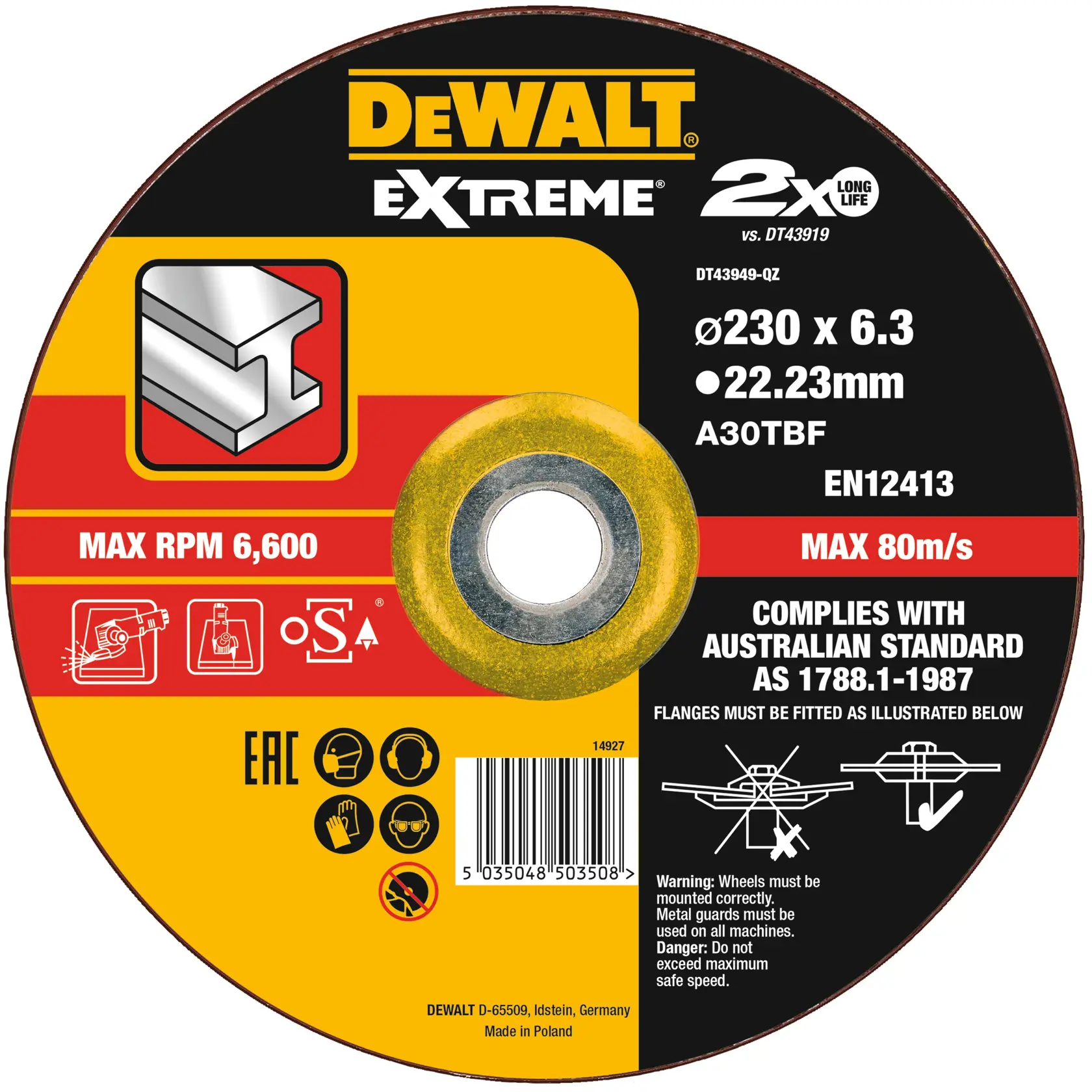Disco DEWALT corte metal, DT43949, DT43919-QZ, 230x6.3mm, máx 6600 RPM, EMEAANZ, categoría fotografía.