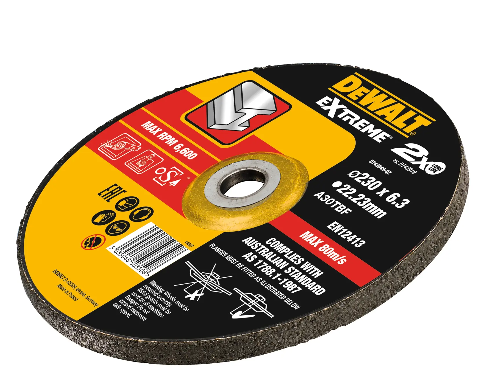 Disco de esmeril DEWALT para metal. Fotografía. SKUs: DT43949, DT43919-QZ. Región EMEAANZ.