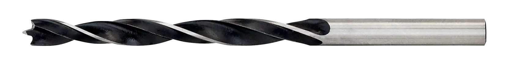 Una broca de metal para madera con punta afilada y estrías en espiral, mostrada sobre un fondo blanco.