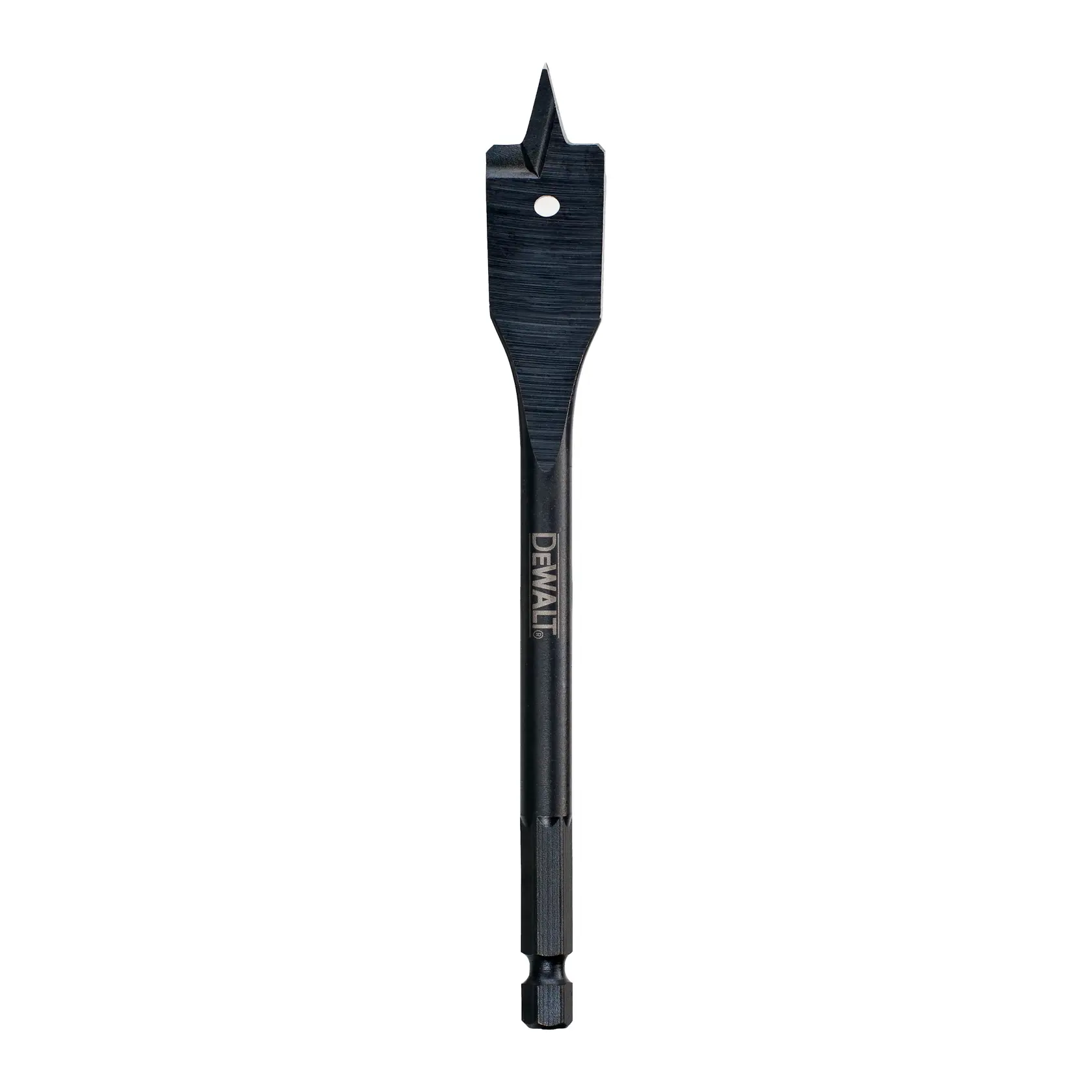 Una broca plana para madera DEWALT con vástago hexagonal, diseñada para perforar agujeros en madera. La broca es negra y tiene una punta afilada con bordes cortantes para corte eficiente.