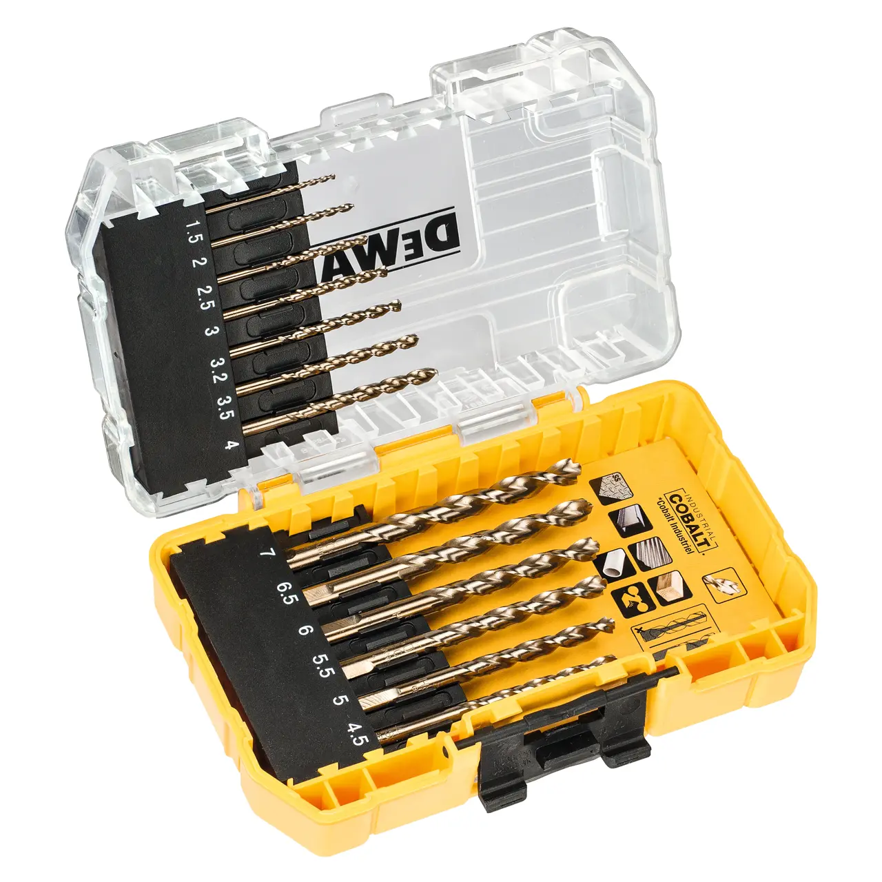 DeWalt Tough Case pequeña con 13 brocas con puntas de cobalto EXTREME, 4, 1.5, 2, 2.5, 3, 3.2, 4, 4.5, 5, 5.5, 6, 6.5, 7. · DT4968-QZ