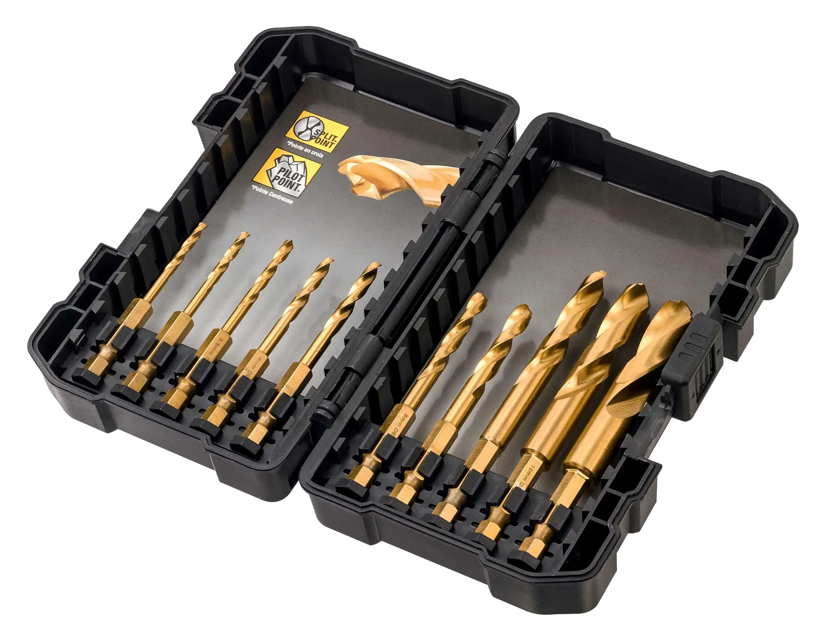 Juego de brocas DEWALT DT50050 titanio en estuche negro, diez piezas, bandeja abierta, vista lateral.
