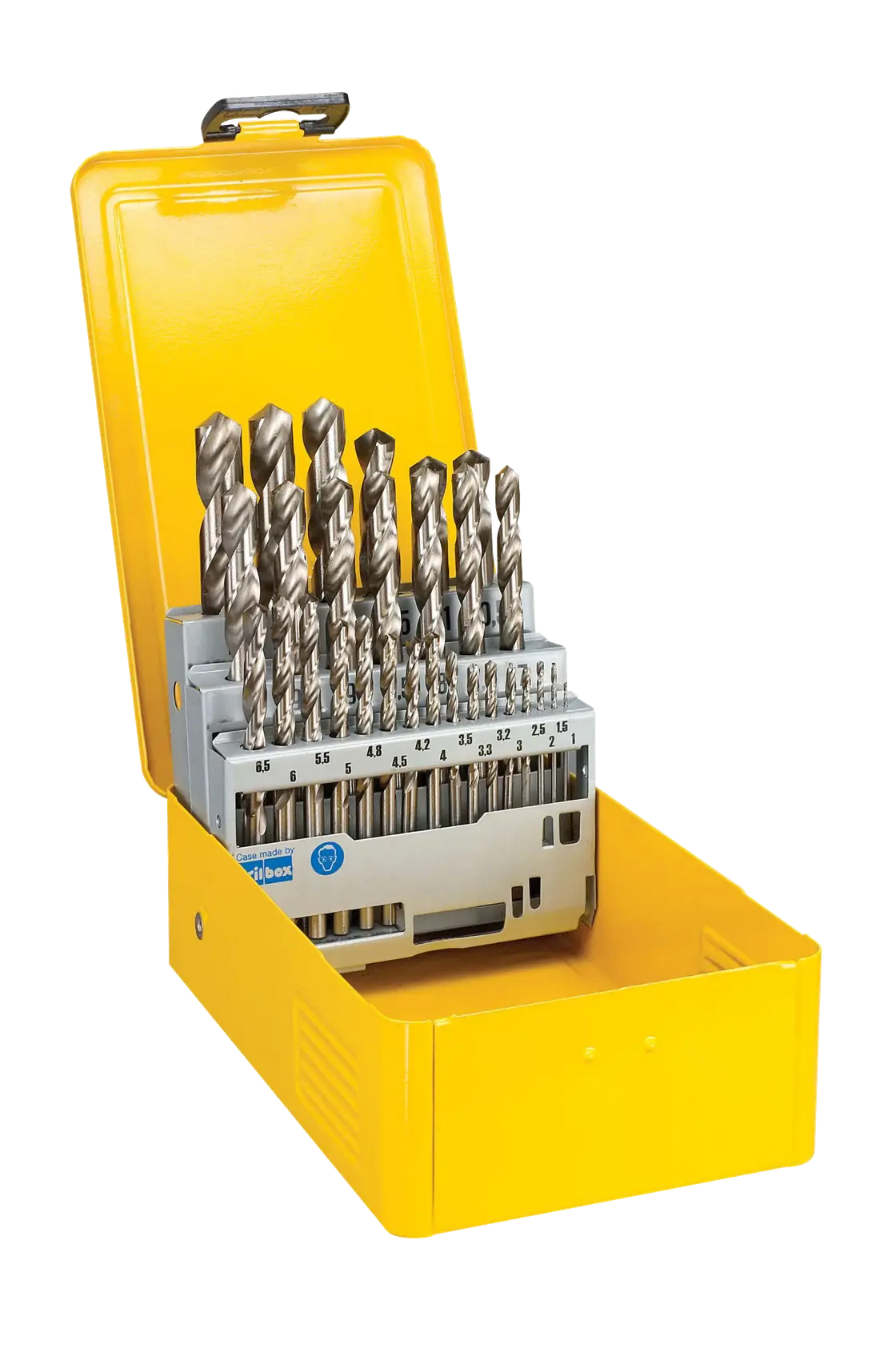 Foto de juego de brocas DEWALT en caja amarilla, SKU DT5929, vista frontal, varios tamaños visibles.
