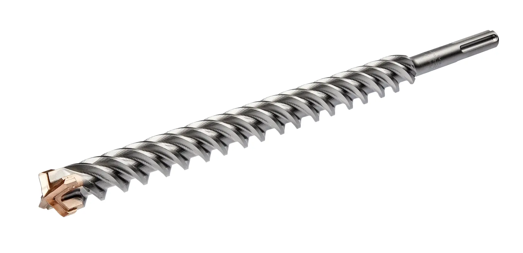 Una broca para mampostería de metal DEWALT DT60842 con eje en espiral y punta de carburo, diseñada para su uso con taladros de percusión.
