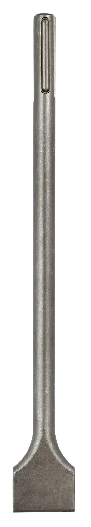 Cincel plano DEWALT para martillos demoledores, metálico, mostrado verticalmente sobre fondo blanco.