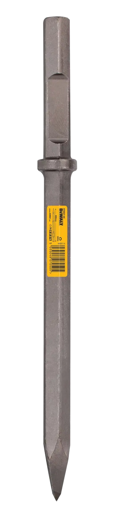 Foto cincel puntiagudo DEWALT, acero, etiqueta amarilla, SKU DT6927, DT6927-QZ, vista frontal fondo blanco.