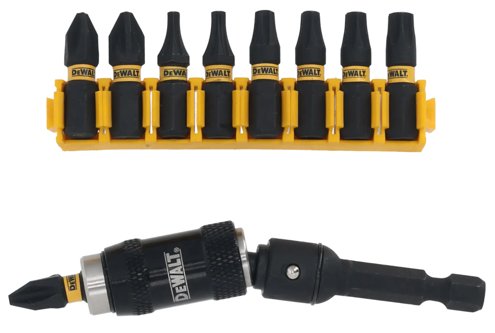 Juego de puntas DEWALT DT70518T negro y amarillo con soporte de liberación rápida sobre fondo blanco.
