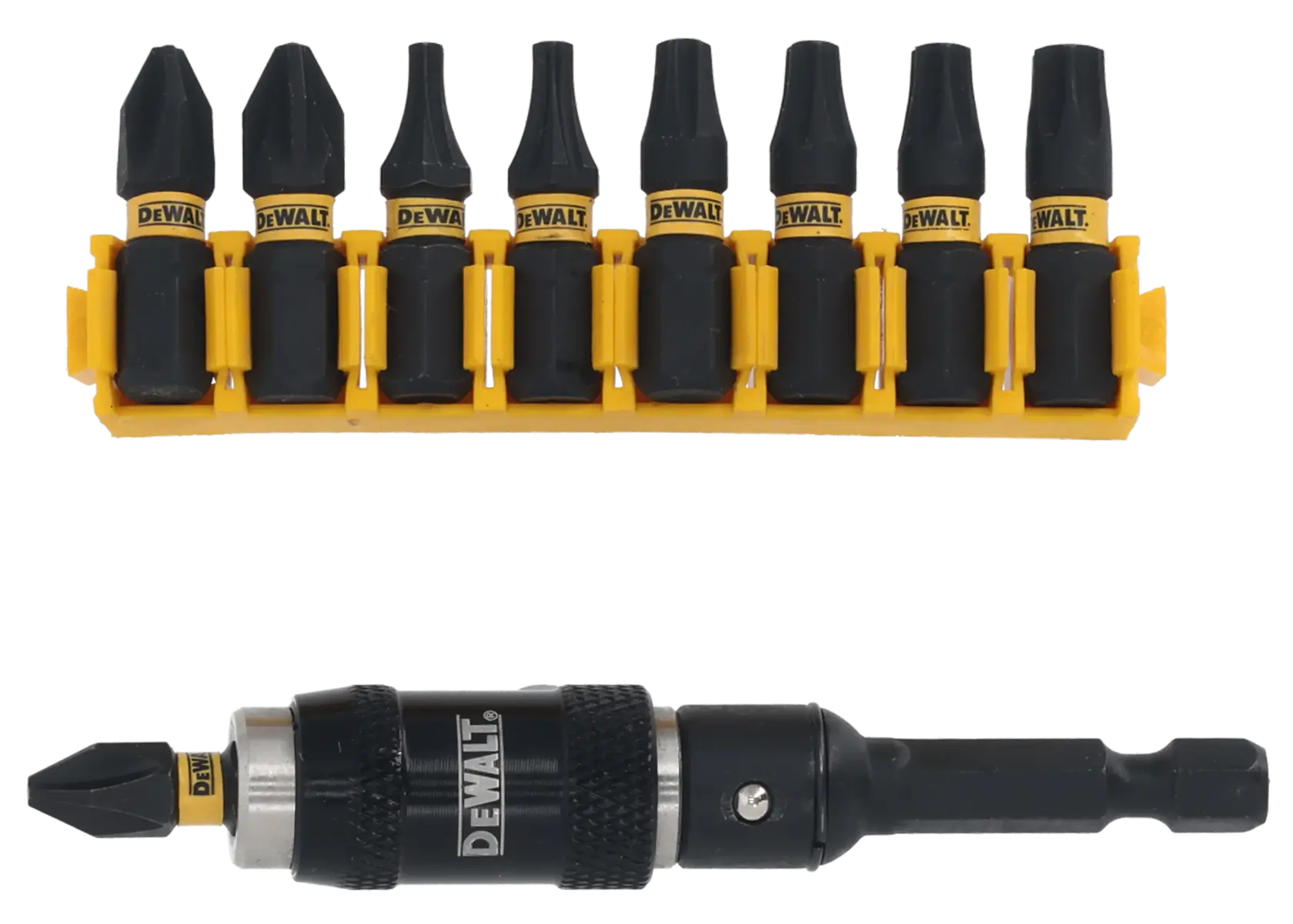 Juego de puntas DEWALT DT70518T con mango negro y amarillo y 8 puntas, vista superior, fondo blanco.