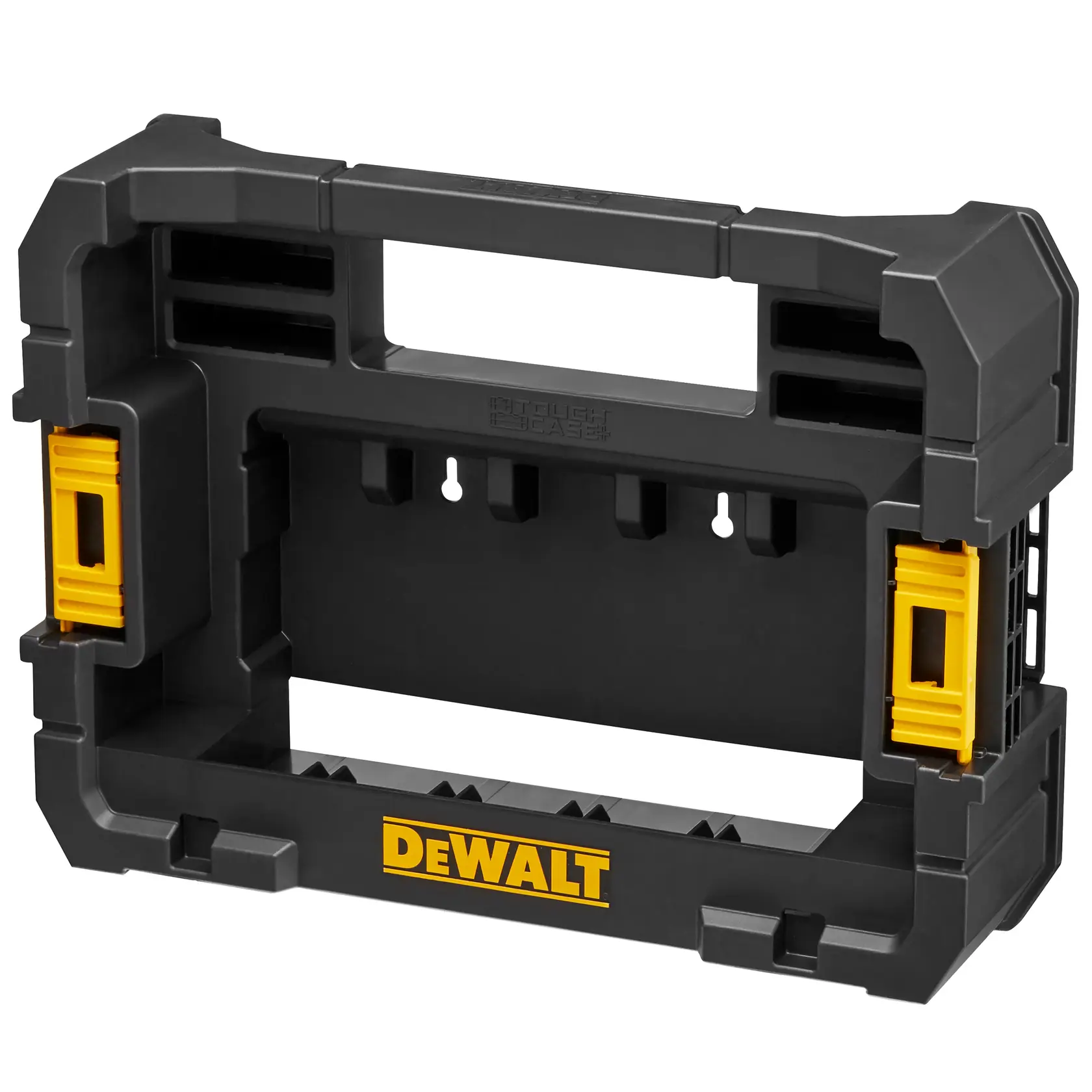 Foto del organizador de herramientas de plástico negro DEWALT DT70716 con detalles amarillos, vista frontal.