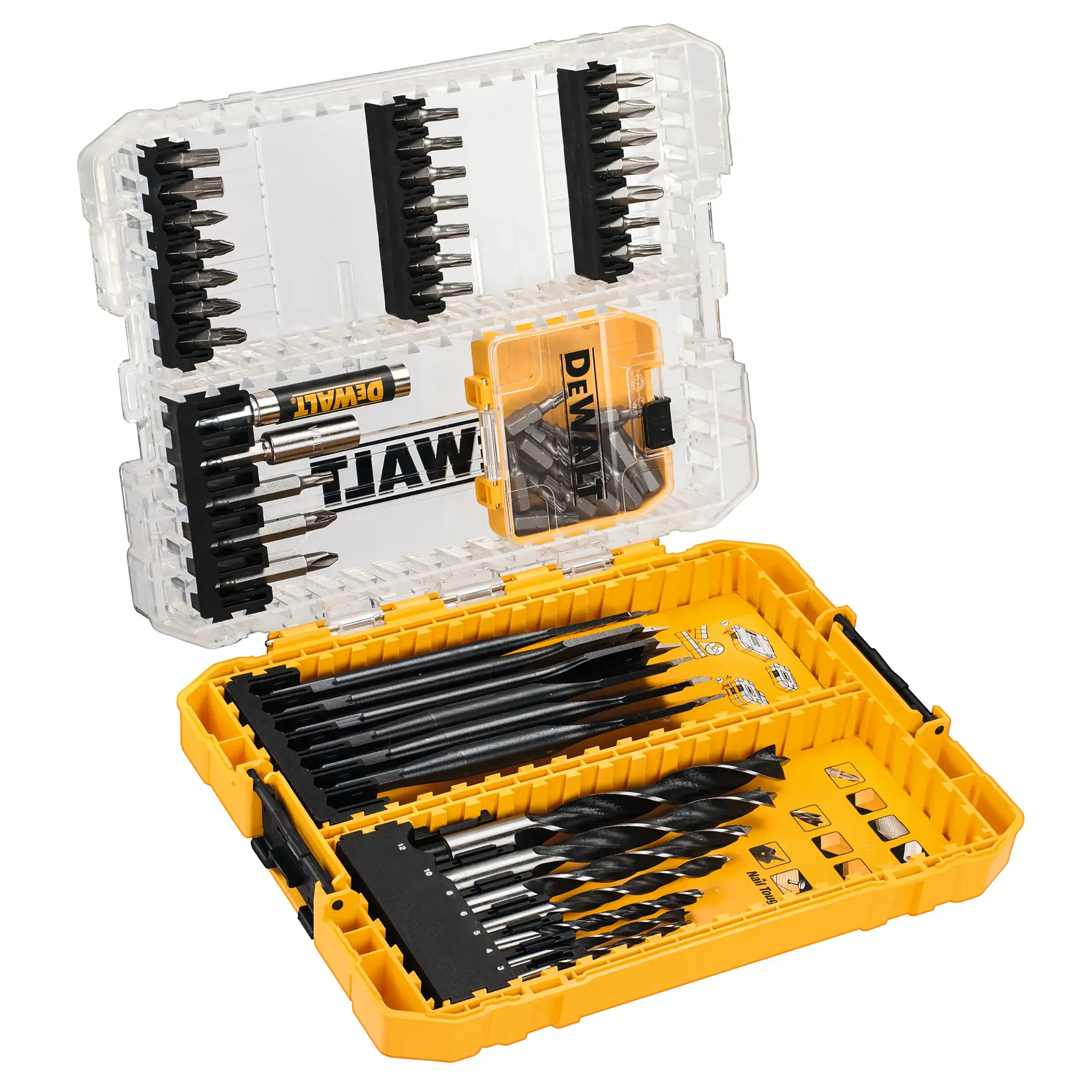 Juego de taladro DEWALT® con punta Brad y brocas de madera plana EXTREME® (57 piezas)