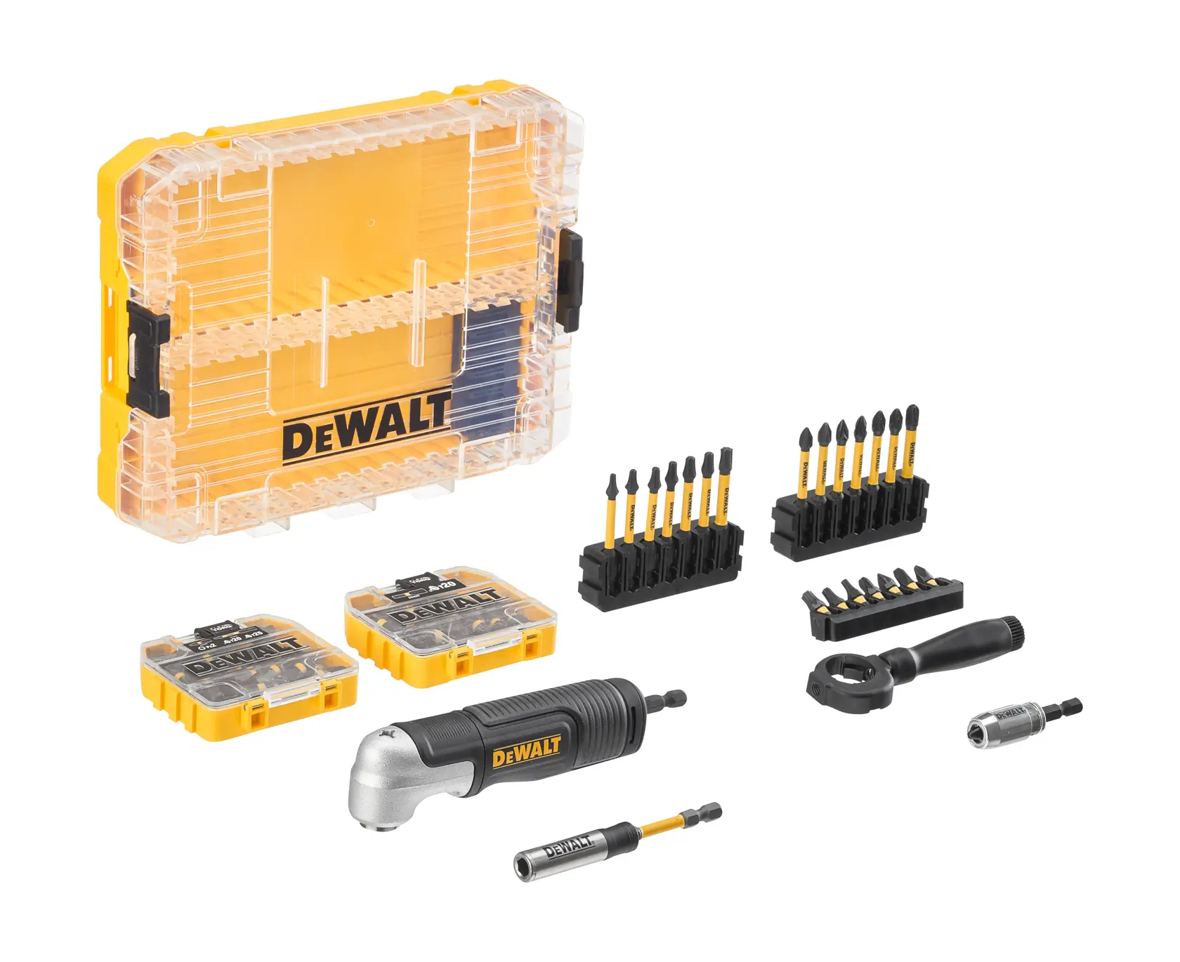 Juego DEWALT DT70775 que incluye un estuche rígido transparente y amarillo, varias puntas de destornillador en soportes negros, dos cajas pequeñas para accesorios, un adaptador acodado, un mango de trinquete y dos porta dados. El conjunto está dispuesto sobre un fondo blanco.