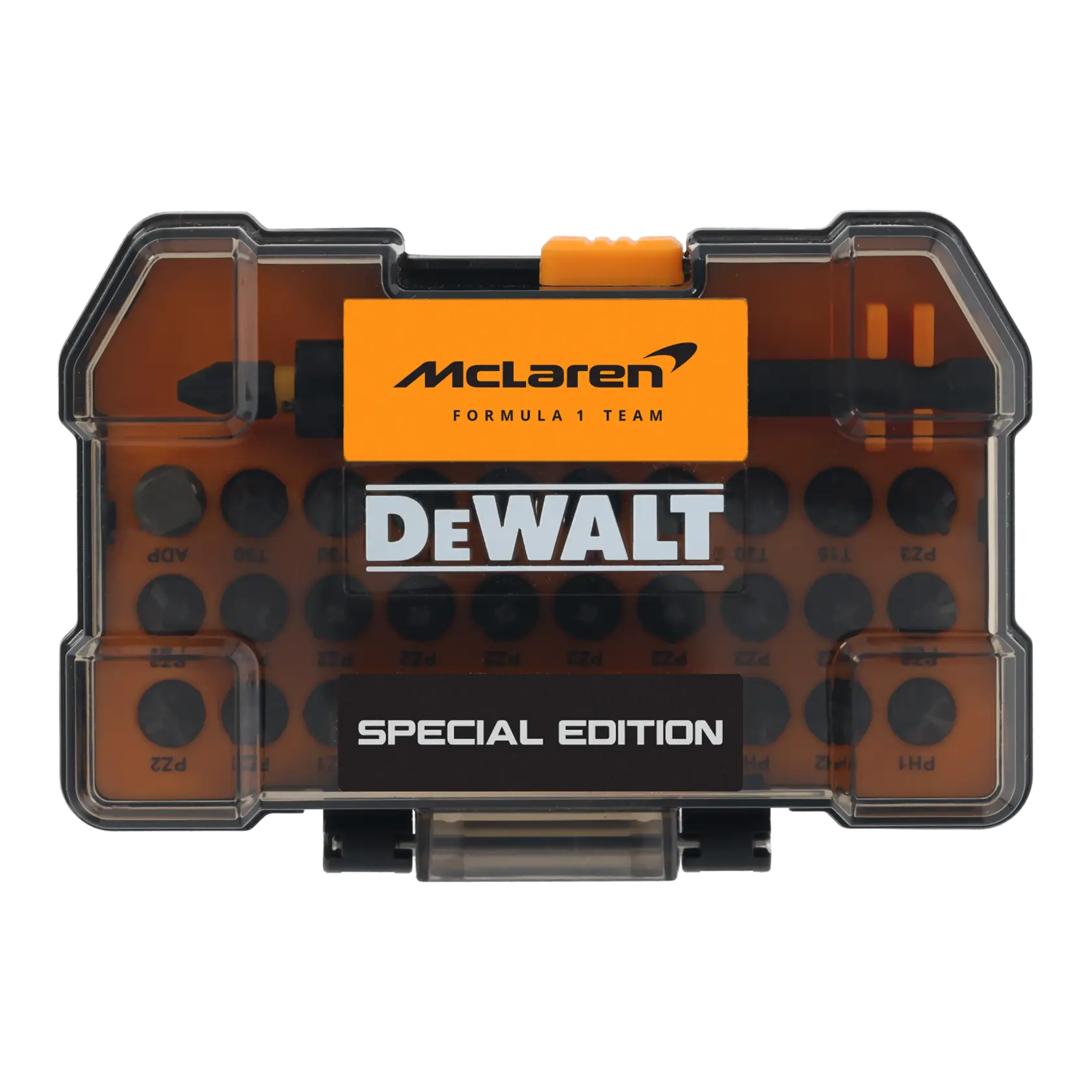 Juego de 32 piezas edición McLaren: 30 puntas de 25mm FLEXTORQ (PH1, PH2 x5, PH3 x2, PZ1, PZ2 x10, PZ3 x3, T15, T20, T25 x2, T27, T30 x3) con portapuntas magnético de impacto y adaptador de 1/4"