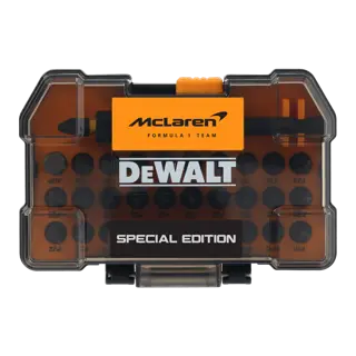 Estuche de brocas edición especial DEWALT con tapa transparente y branding naranja del equipo McLaren de Fórmula 1. La caja contiene múltiples puntas de destornillador organizadas en el interior.