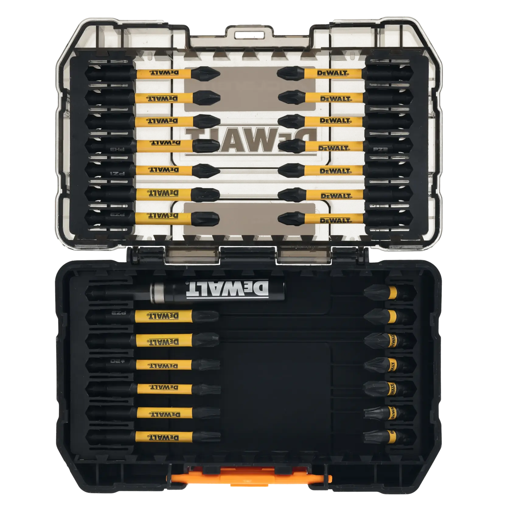 Juego 28 piezas edición McLaren: 7 puntas de 25mm (PH2, PZ1, PZ2 x2, PZ3, T20 y T25) y 20 puntas de 57mm (PH1, PH2 x2, PH3, PZ1, PZ2 x7, PZ3 x4, T20 x2 y T25 x2) con portapuntas magnético