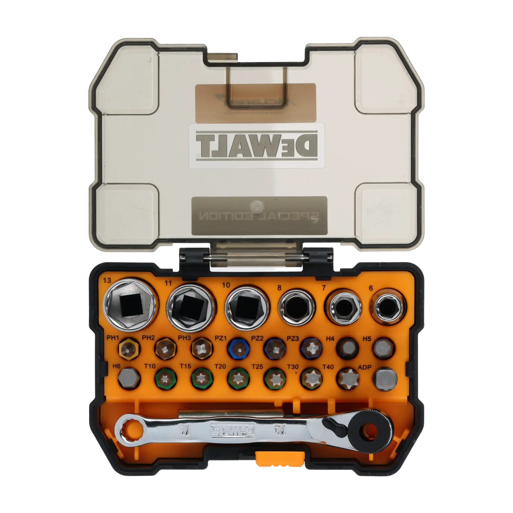 Juego de 24 piezas edición McLaren: 15 puntas de 25mm (PH1, PH2, PH3, PZ1, PZ2, PZ3, H4, H5, H6, T10, T15, T20, T25, T30, T40), 6 llaves de vaso hexagonales (Ø 6, 7, 8, 10, 11, 13mm), llave de carraca, portapuntas magnético, y adaptador de 1/4"