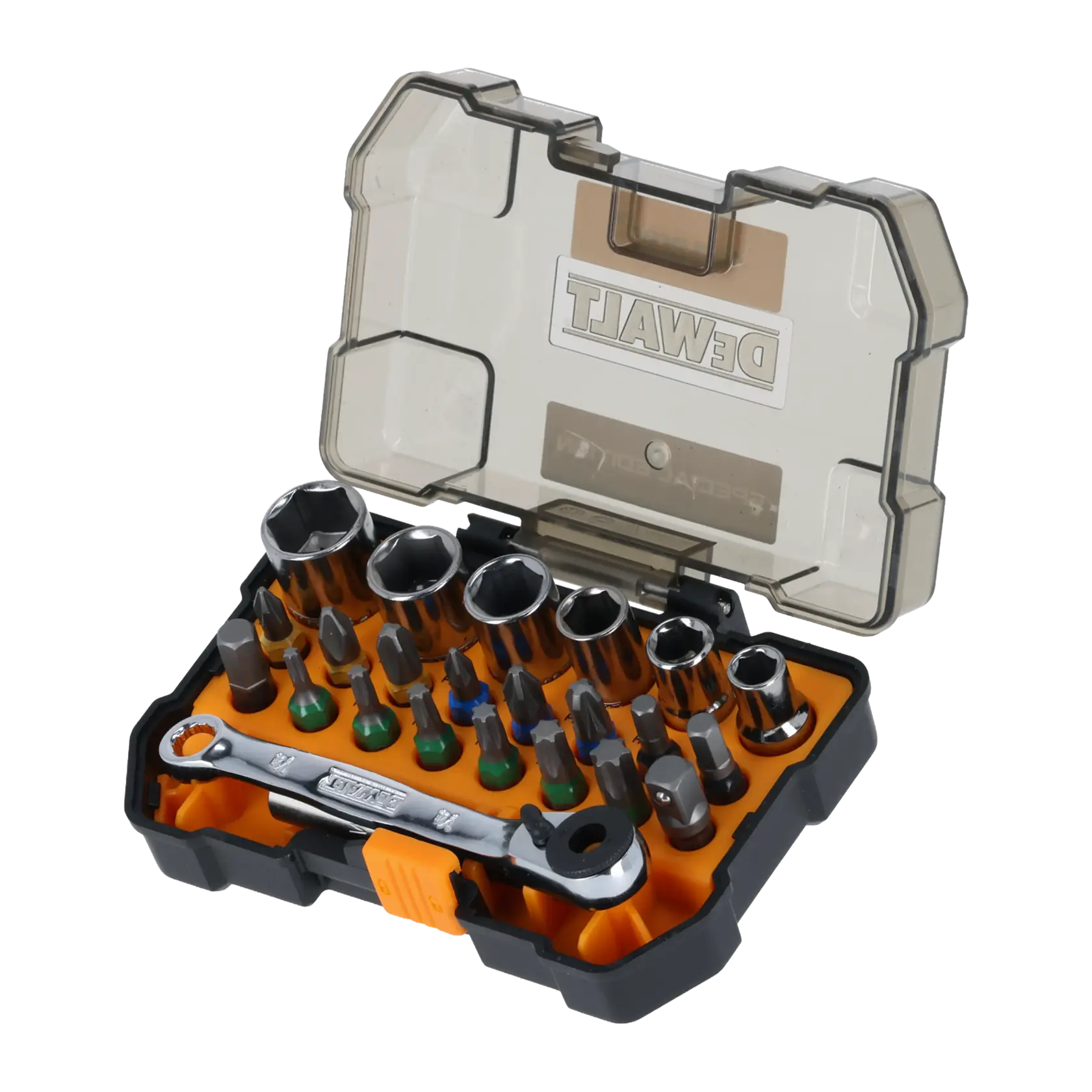 Juego de 24 piezas edición McLaren: 15 puntas de 25mm (PH1, PH2, PH3, PZ1, PZ2, PZ3, H4, H5, H6, T10, T15, T20, T25, T30, T40), 6 llaves de vaso hexagonales (Ø 6, 7, 8, 10, 11, 13mm), llave de carraca, portapuntas magnético, y adaptador de 1/4"