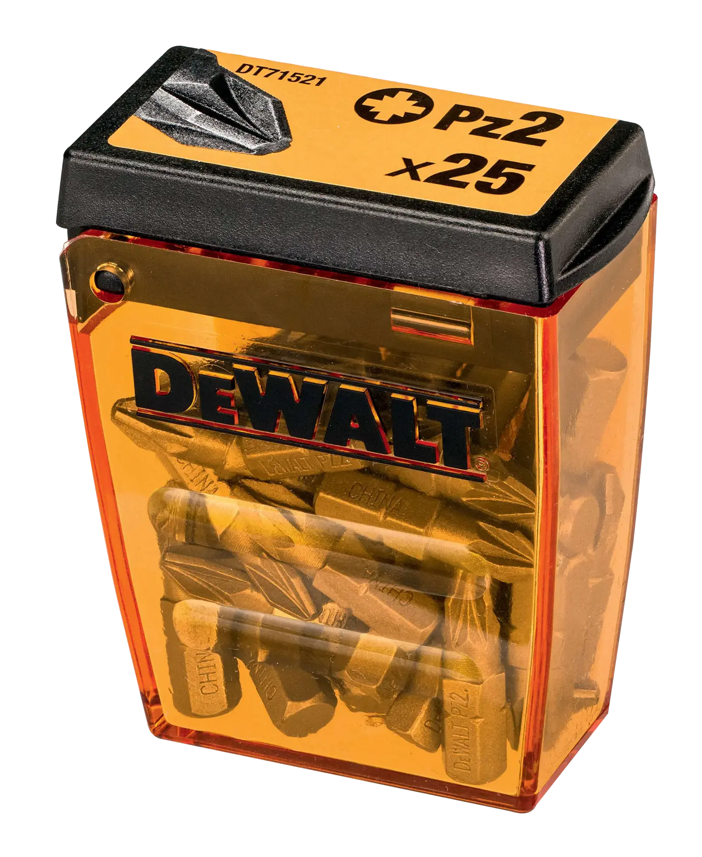Caja DEWALT DT71521 con 25 puntas PZ2 para destornillador en estuche naranja.