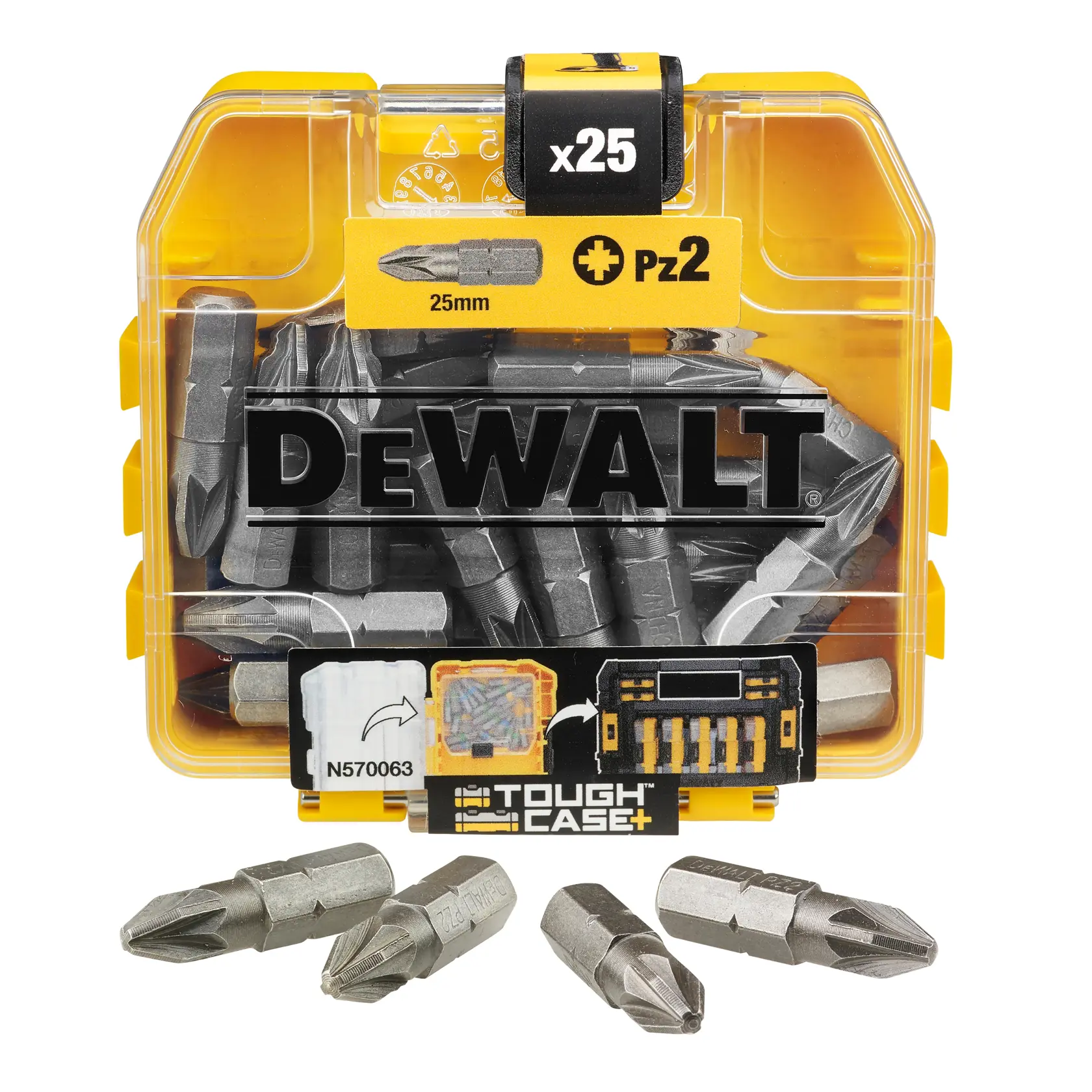 Set DEWALT de 25 puntas PZ2 de 25mm en caja amarilla resistente.