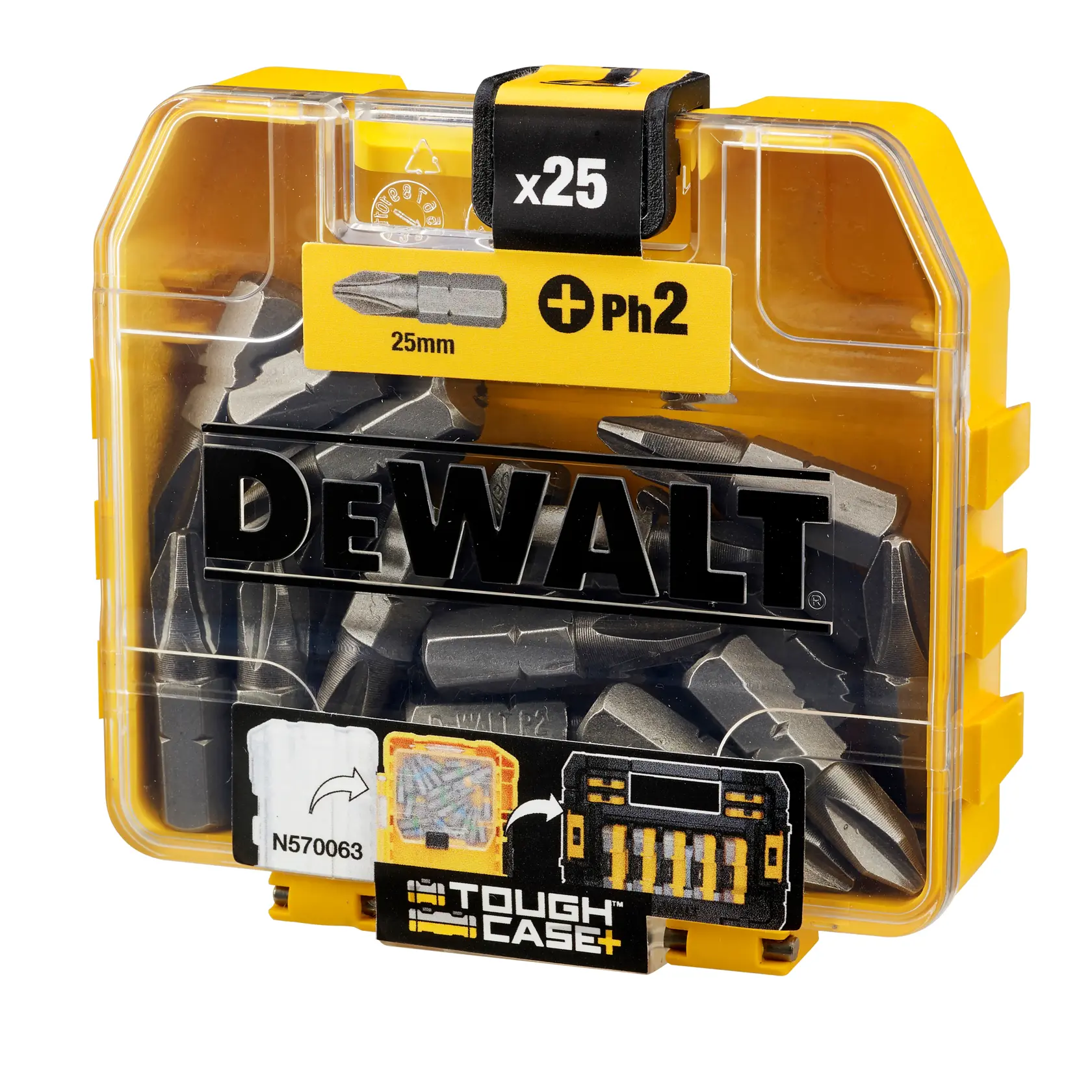 Caja Tough DEWALT 25 piezas con puntas PH2 de 25mm, caja de almacenamiento transparente y amarilla.
