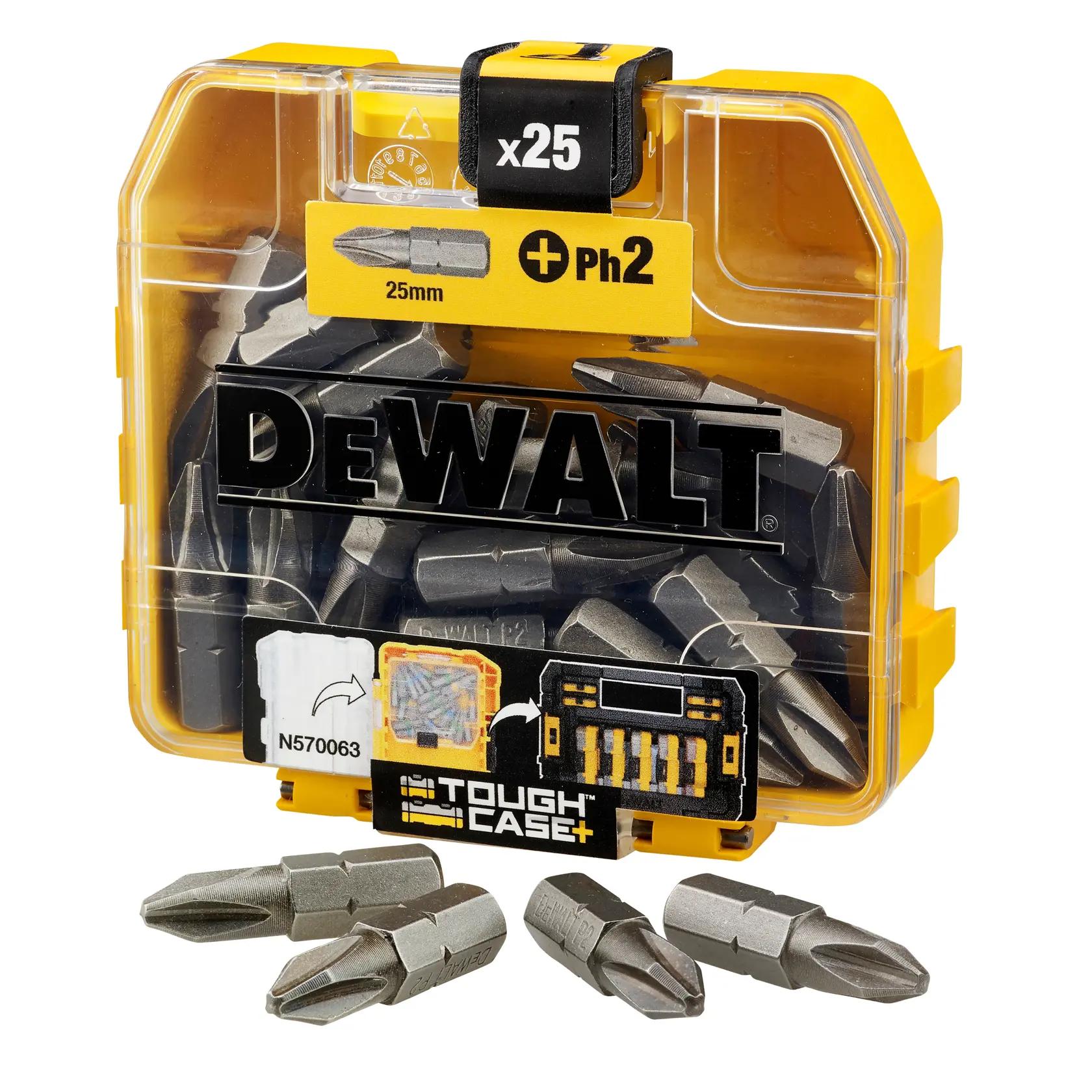 DEWALT DT71522 Tough Case con 25 puntas PH2, 25mm de largo, caja de plástico amarilla.