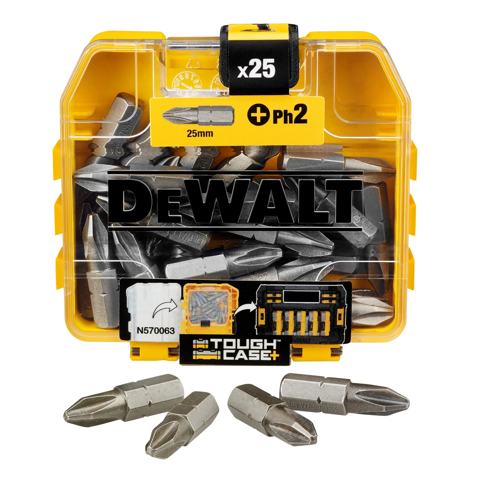 DEWALT ToughCase incluye 25 puntas PH2 de 25mm. Estuche de plástico amarillo y transparente.
