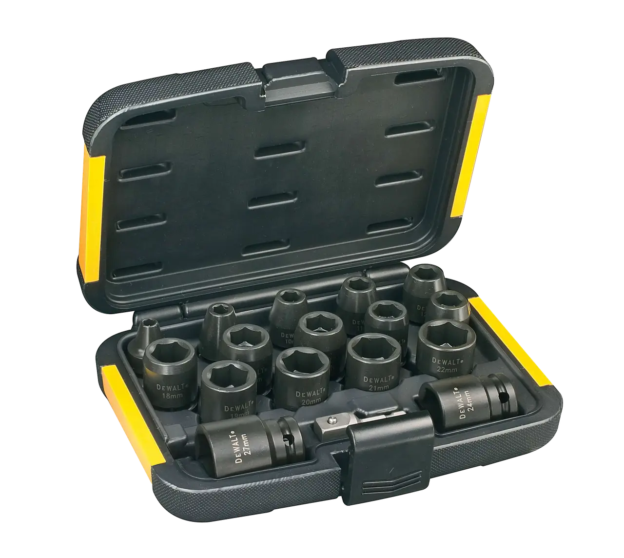 DeWalt Juego de llaves de vaso de 17 piezas (Ø 6,8,10,11,12,13,14,16,17,18,19,20,21,22,24,27mm y adaptador de 1/4’’ a 1/2’’) · DT7506-QZ