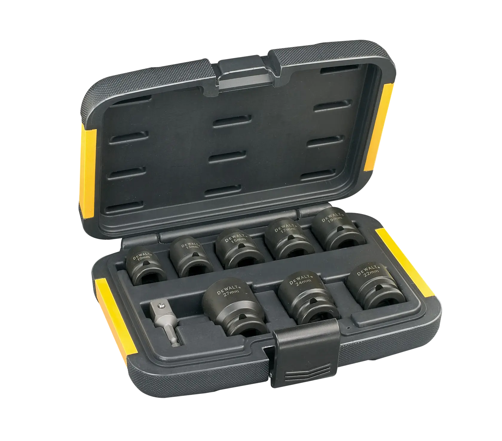 Juego de vasos DEWALT en estuche negro y amarillo, incluye varios vasos y adaptador de puntas.