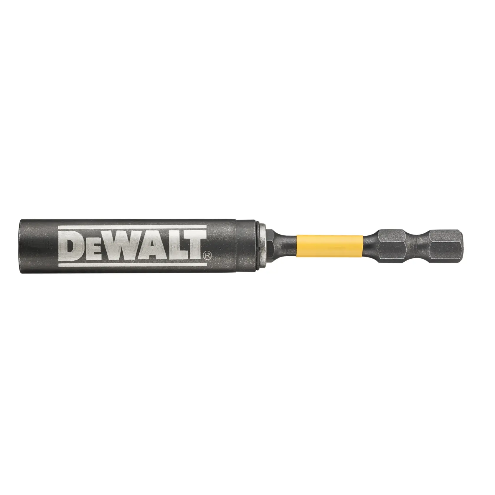 Imagen en primer plano de un portapuntas magnético de la marca DEWALT con vástago hexagonal y manguito cilíndrico, diseñado para uso con herramientas eléctricas.