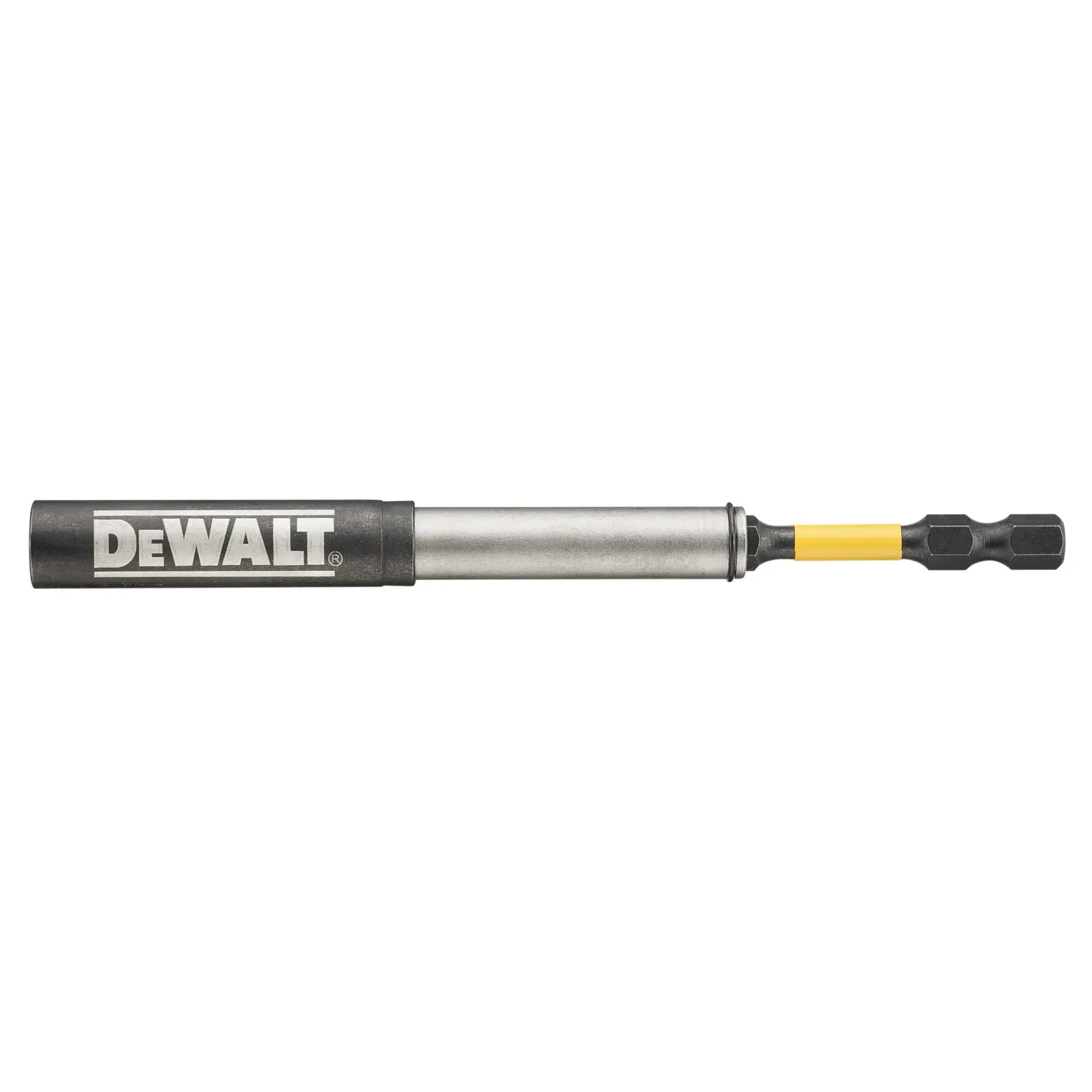 Portapuntas magnético para destornillador de la marca DEWALT con un eje metálico extendido y un accesorio de punta negro y amarillo.