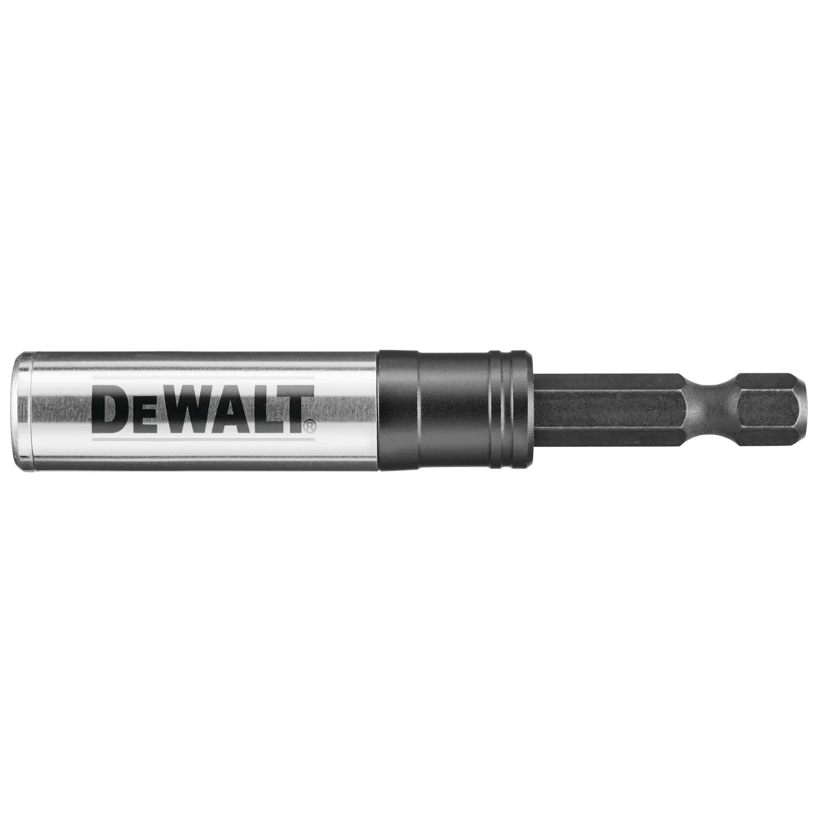 Porta-puntas DEWALT DT7524 metálico con vástago hexagonal para herramientas eléctricas, sobre fondo blanco.
