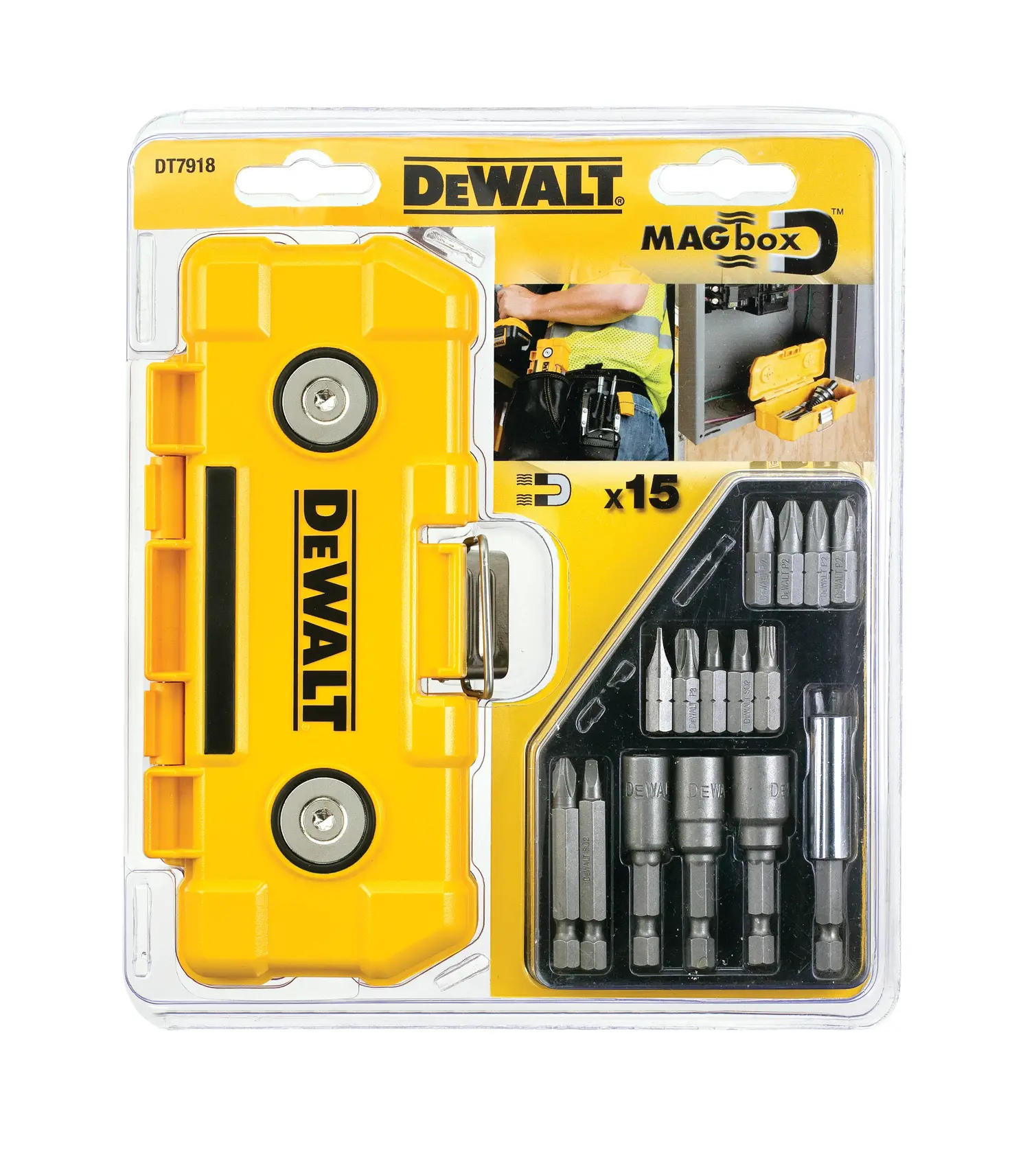 Foto de set de puntas destornillador DEWALT DT7918 Magbox 15 piezas en caja amarilla, vista frontal.