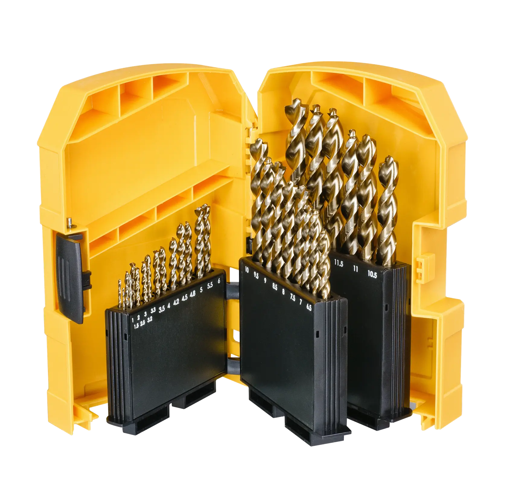 Estuche amarillo DEWALT abierto con brocas de metal organizadas por tamaño en soportes negros.