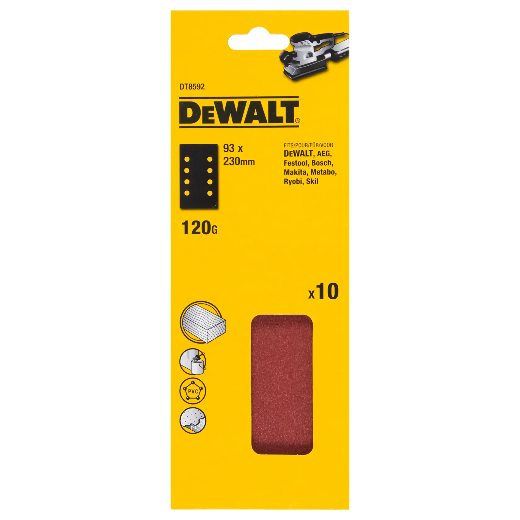 Hojas de lija DEWALT 93x230mm, grano 120, paquete de 10, para varias marcas. Empaque amarillo.