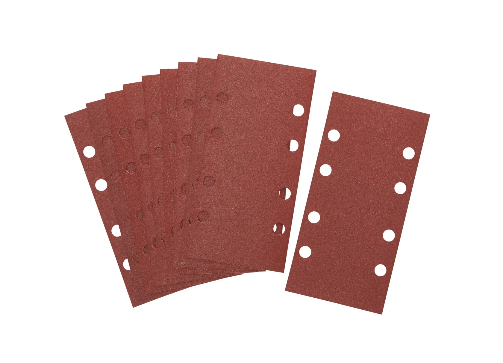 Juego de hojas de lija rectangulares con agujeros de ventilación, dispuestas en abanico, aptas para lijado.
