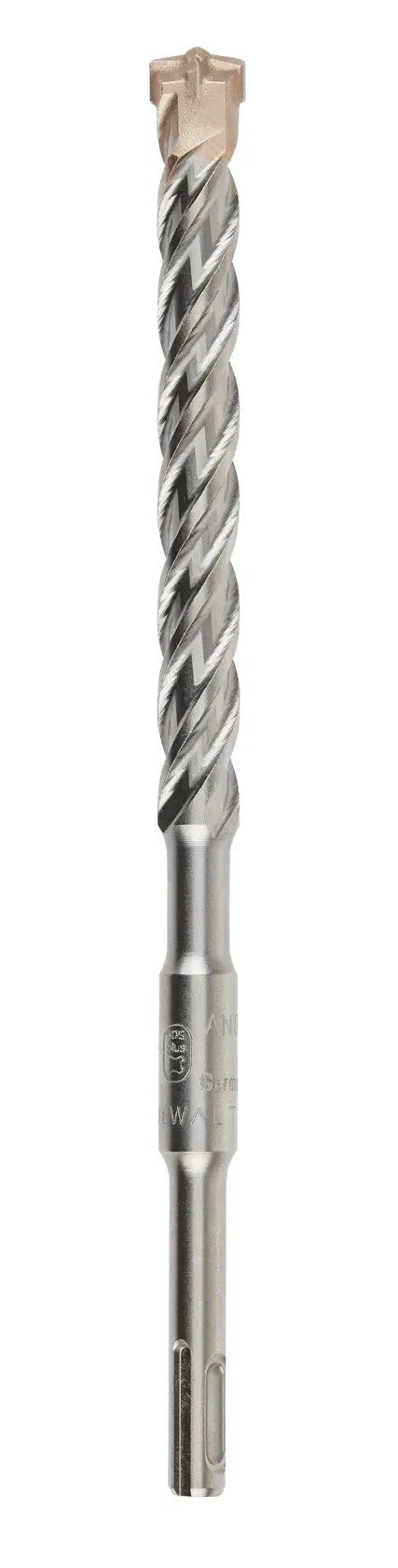 Una broca para mampostería DEWALT SDS-plus con diseño de espiral y punta de carburo, mostrada en posición vertical sobre un fondo blanco.