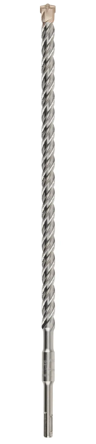 Una broca larga de metal con forma de espiral, vástago SDS y punta de corte de varios bordes, diseñada para uso en concreto o mampostería.