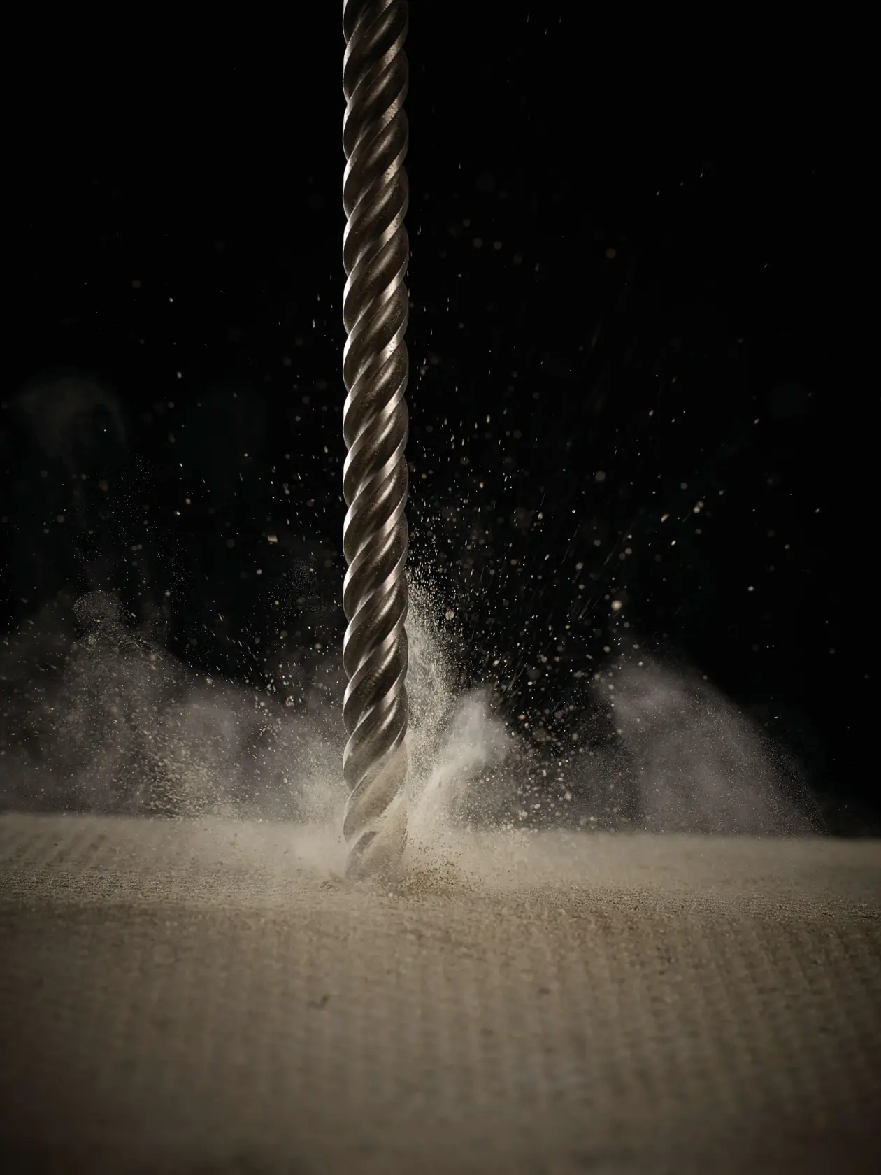 Primer plano de una broca espiral perforando una superficie, polvo y partículas vuelan.