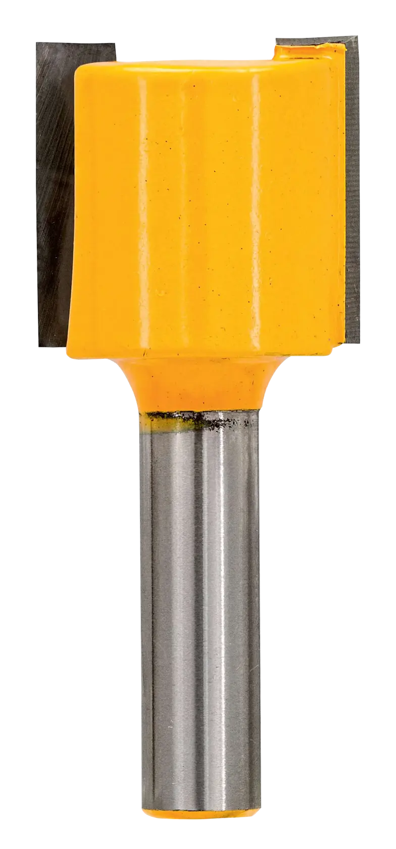 Fresa recta DEWALT con cuerpo amarillo y vástago de acero, para tareas de carpintería.
