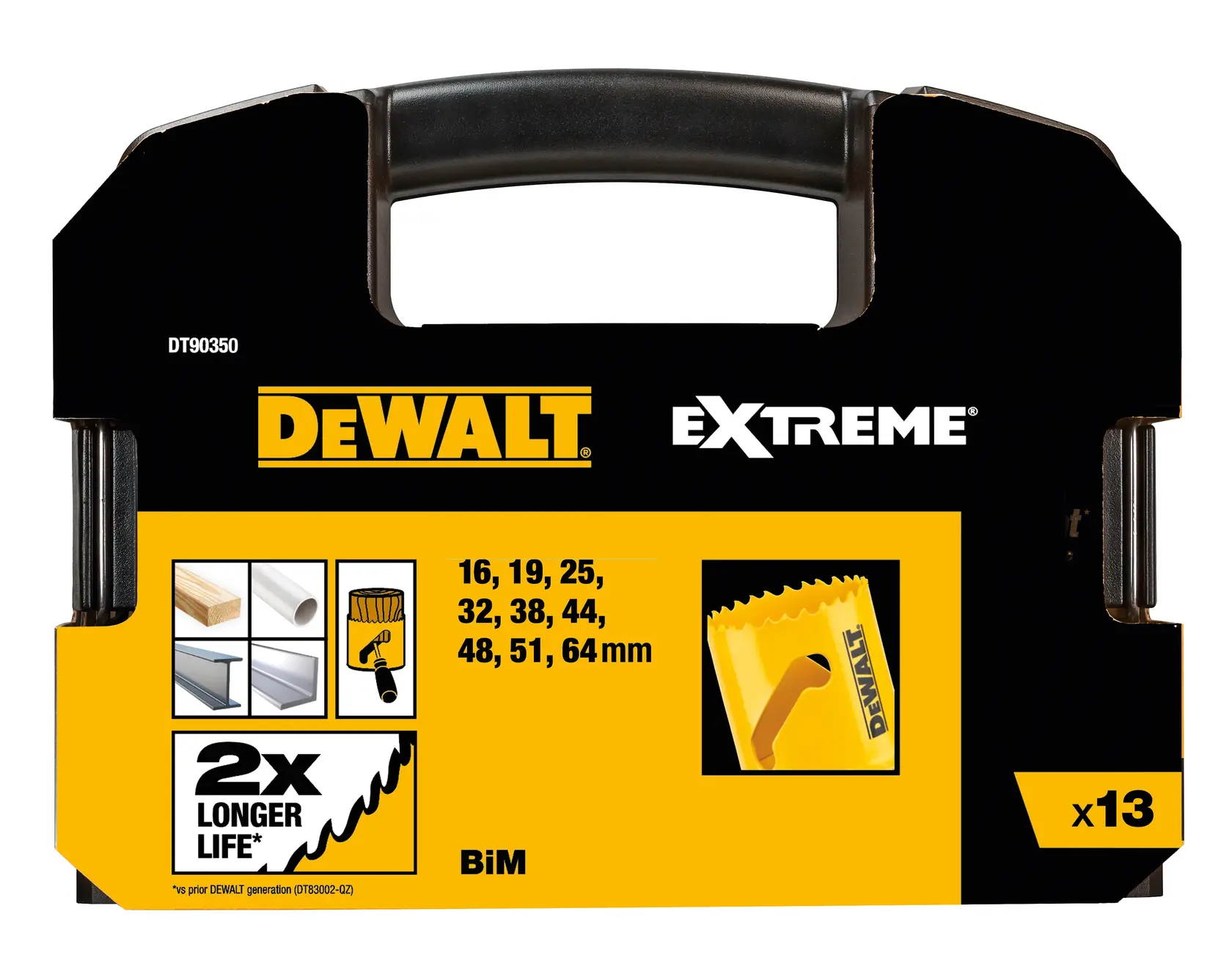 Set de sierras de corona DEWALT Extreme, 13 piezas, madera y metal, SKU DT90350, DT90350-QZ, vista frontal.