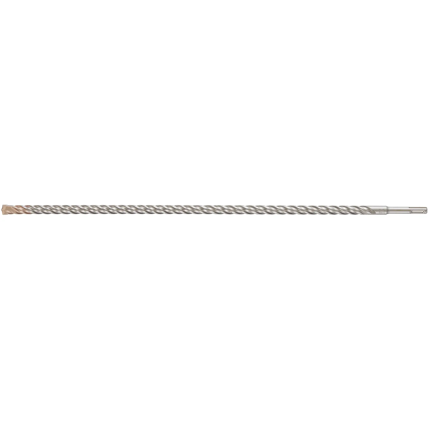 Foto de broca larga plateada DEWALT DT9571 para mampostería con ranuras en espiral, vista lateral, fondo blanco.