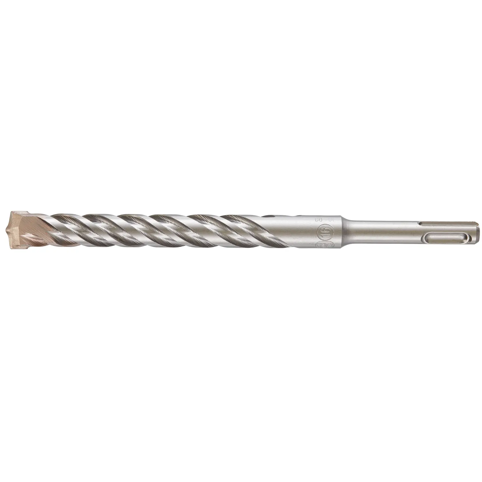 DEWALT DT9579 broca de martillo plateada, estriada en espiral, vista lateral fondo blanco.