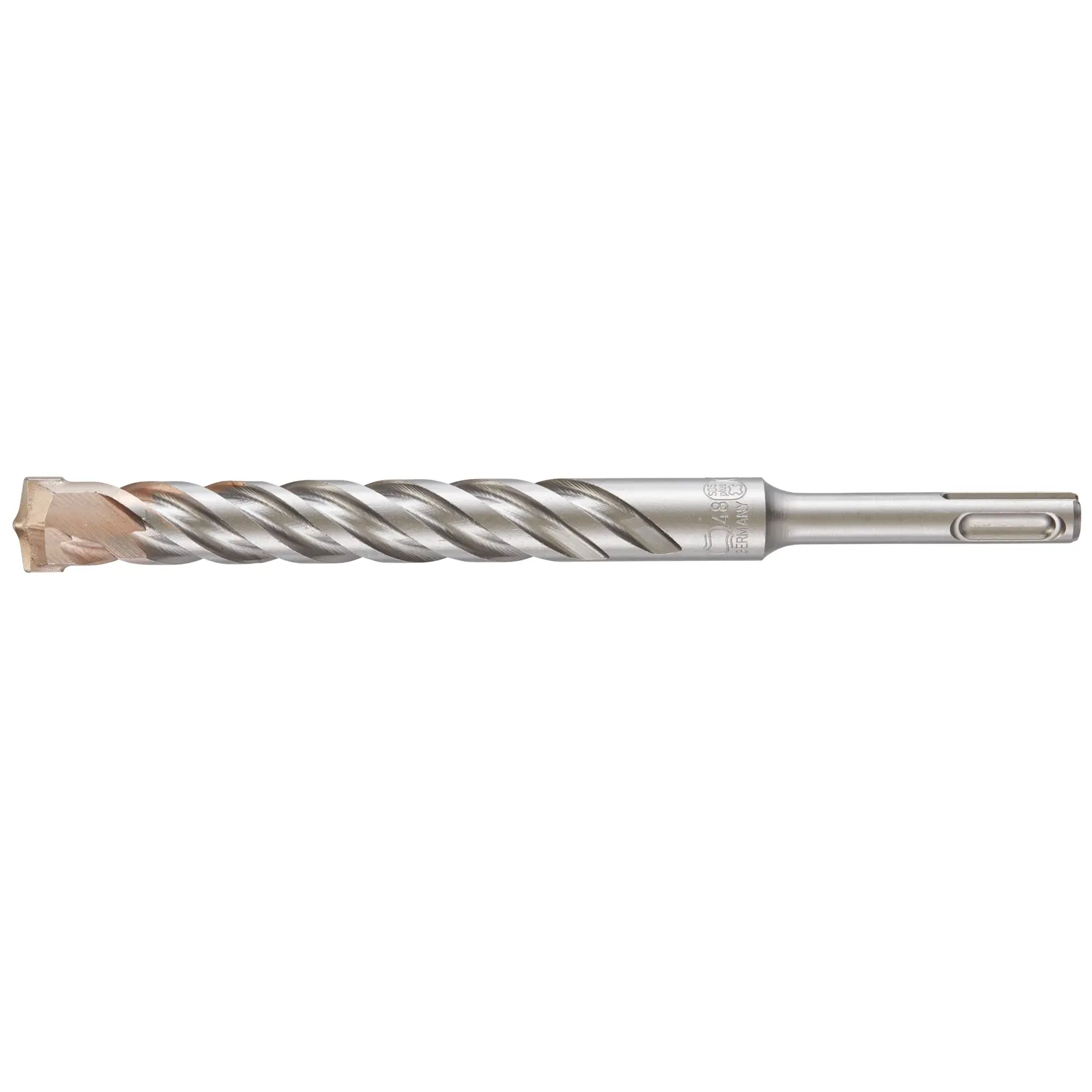 Broca DEWALT DT9587 SDS con cabeza de cuatro cortadores, diseñada para martillos perforadores. La broca es plateada, con canal en espiral y punta reforzada para perforación en mampostería y hormigón.
