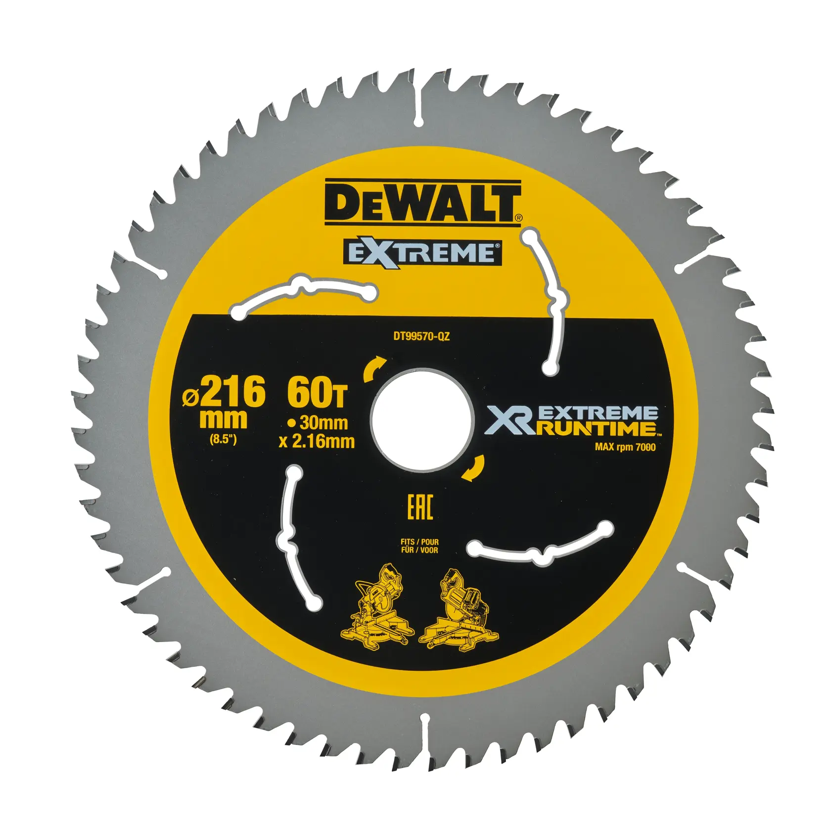 Hoja de sierra circular DEWALT DT99570 con 60 dientes, diámetro de 216 mm y orificio de 30 mm, diseñada para rendimiento