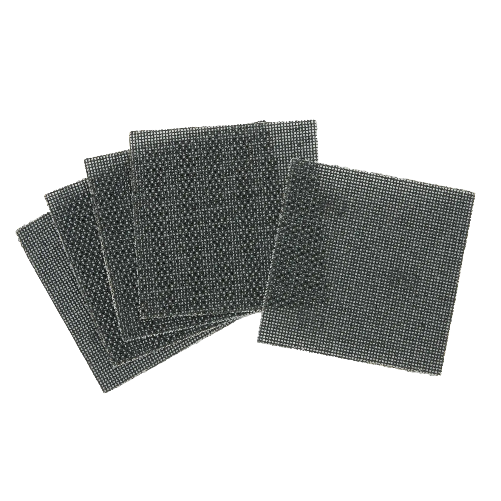 Juego de hojas de lija de malla cuadradas DEWALT, color oscuro, ligeramente superpuestas sobre fondo blanco.