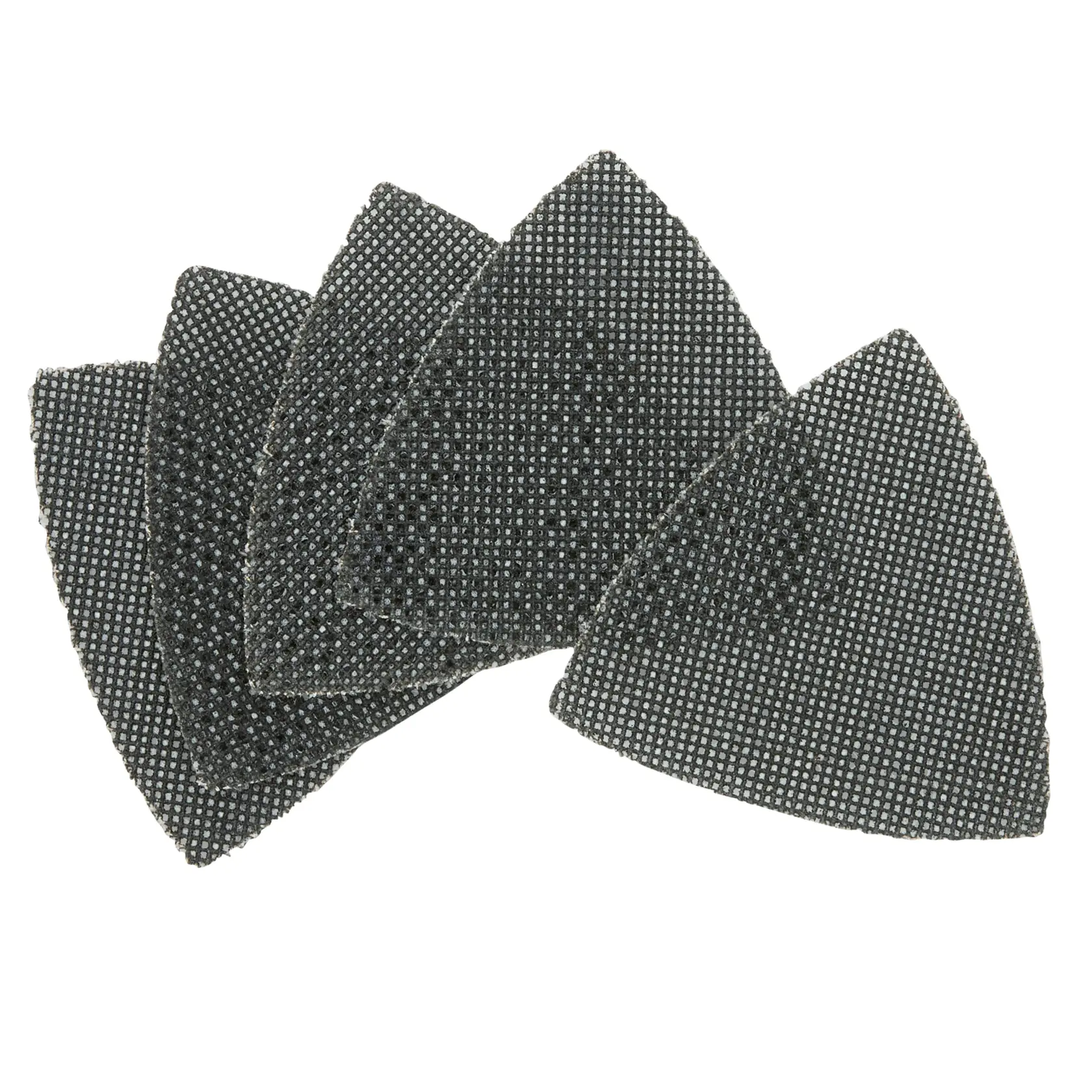 Juego de cinco hojas abrasivas de malla DEWALT negras en forma de abanico.