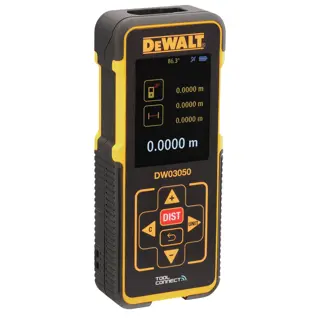 Un medidor láser de distancia digital DEWALT DW03050 con diseño negro y amarillo, pantalla digital que muestra medidas en metros y varios botones de control, incluyendo uno etiquetado como 'DIST'.