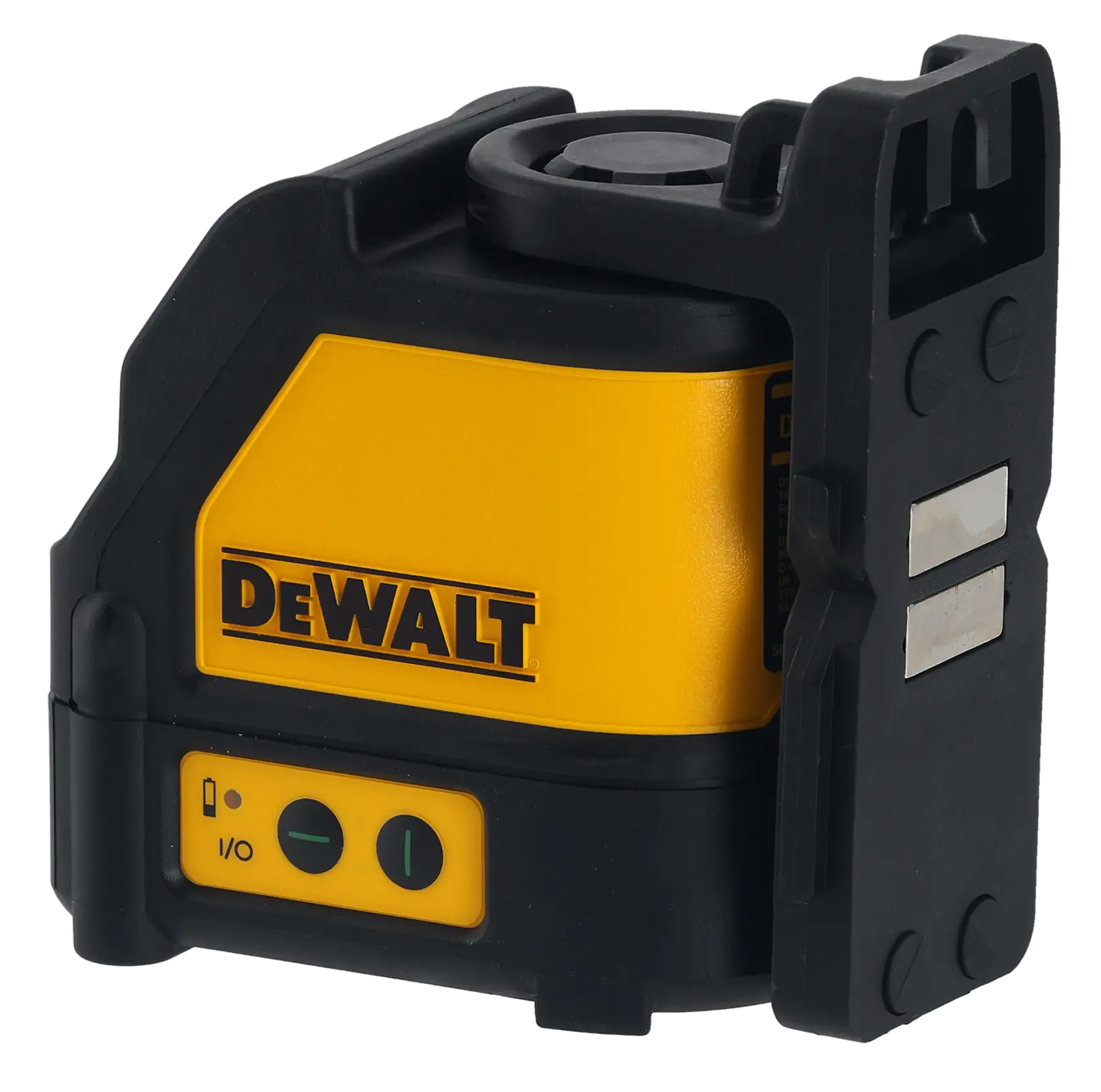 Un nivel láser de color amarillo y negro con la marca DEWALT, que cuenta con botones de control y monturas magnéticas, diseñado para alineación precisa en aplicaciones de construcción y fotografía.