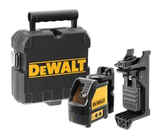 Se muestra un kit de nivel láser de la marca DeWalt. La imagen incluye un estuche de transporte negro resistente con asa, un dispositivo láser autonivelante amarillo y negro y un soporte de montaje. Los artículos están dispuestos uno al lado del otro sobre un fondo blanco.
