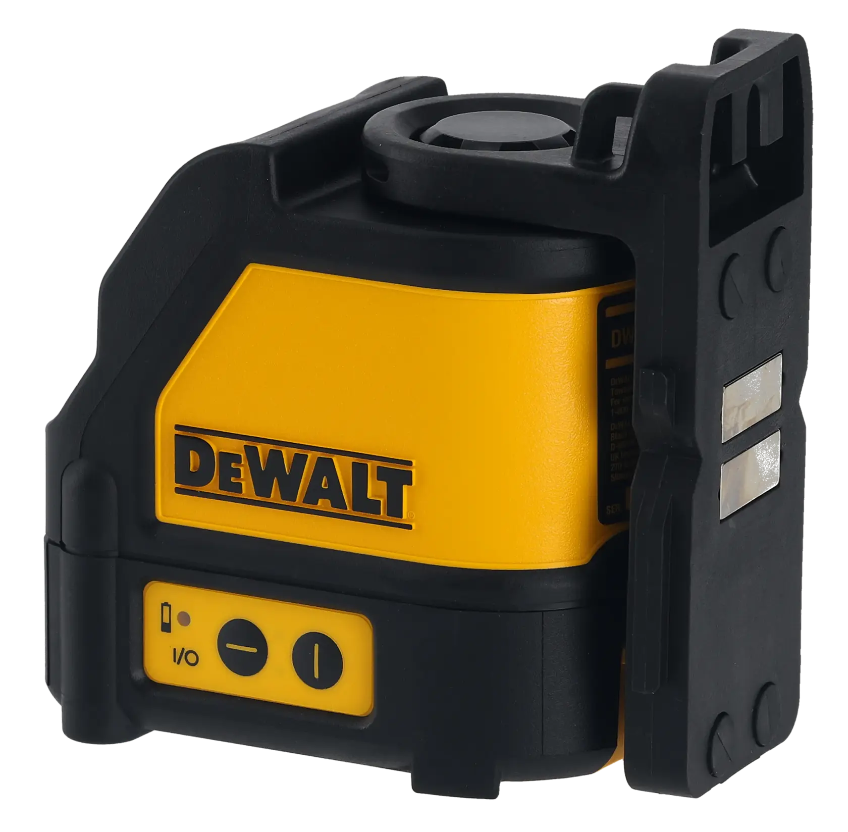 Un nivel láser DEWALT DW088K está montado en una columna metálica, proyectando una línea horizontal roja a través del interior de un sitio de construcción. En el fondo, un trabajador con chaleco de seguridad y casco alinea materiales siguiendo la línea láser.
