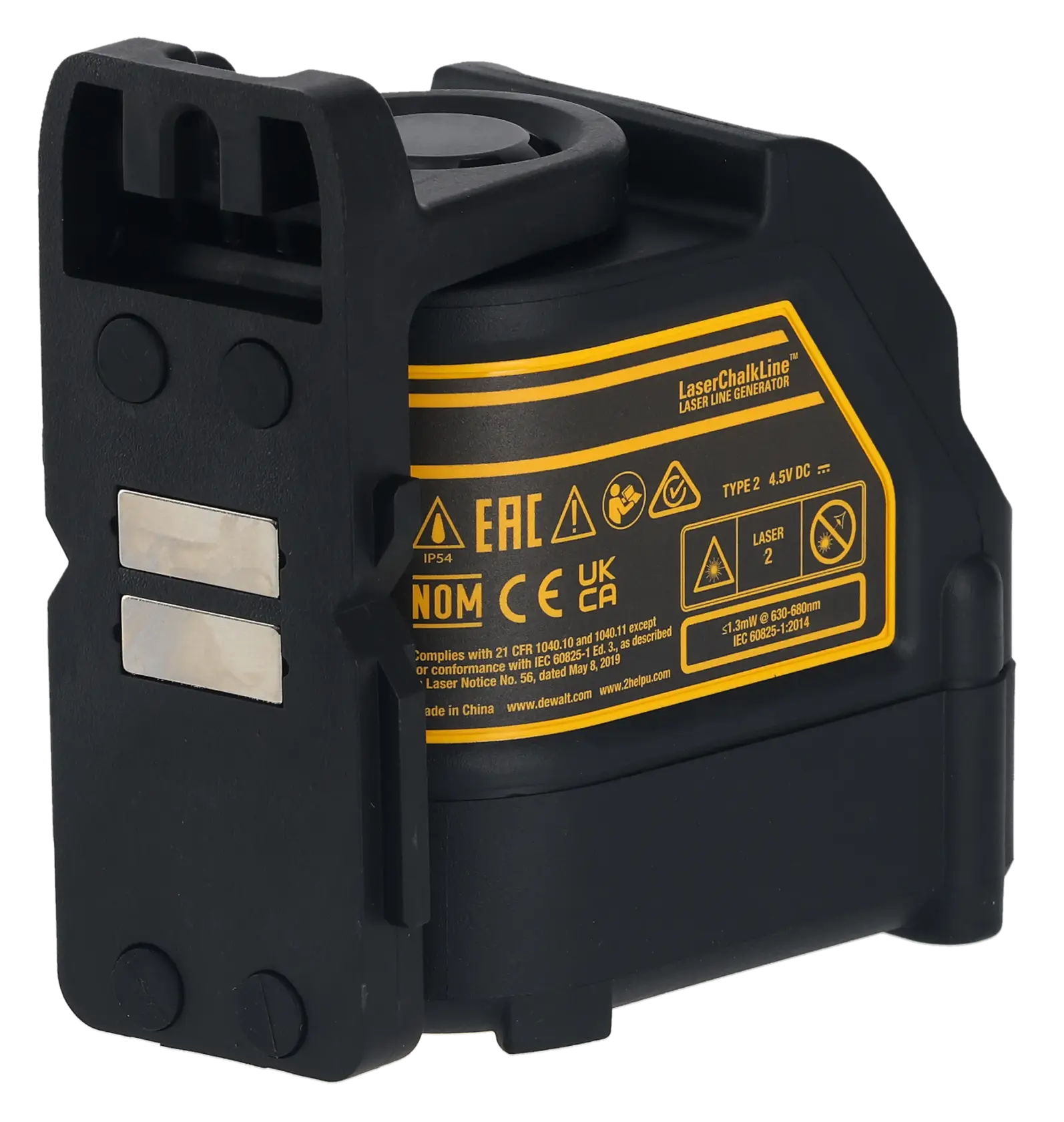 Niveau laser à lignes croisées Dewalt DW088K. L'appareil est jaune et noir, comporte des boutons de commande à l'avant et le logo Dewalt sur le côté. Il est protégé par un boîtier solide.